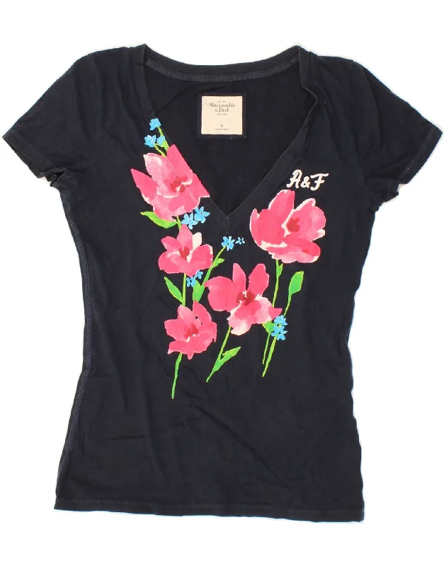 ABERCROMBIE & FITCH Womens T-Shirt Top UK 12 Medium Navy Blue Floral Thin T-Shirt Open Front Quick Dry
