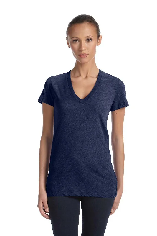 Bella + Canvas Womens Short Sleeve Deep V-Neck T-Shirt - Navy Blue Boxy Fit Fitted Loose