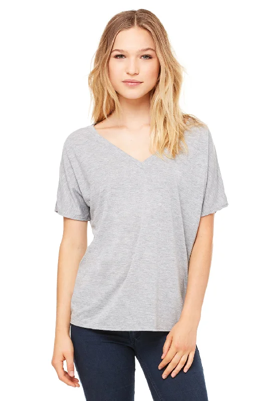 Bella + Canvas Womens Slouchy Short Sleeve V-Neck T-Shirt - Heather Grey Front Pockets Side Pockets Patch Pockets