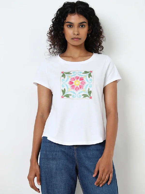 LOV White Floral Printed Cotton T-Shirt Basic T-Shirt Crew Neck Short Sleeve