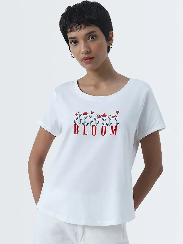 LOV White Text Printed Cotton T-Shirt