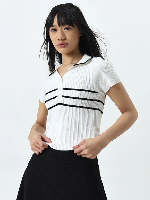 Studiofit White Ribbed Textured Collared Cotton T-Shirt Plaid T-Shirt Polka Dot Checkered