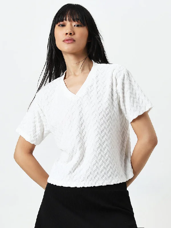 Studiofit White Self-Patterned Cotton Blend T-Shirt Terry Blend Velvet Blend Canvas Blend