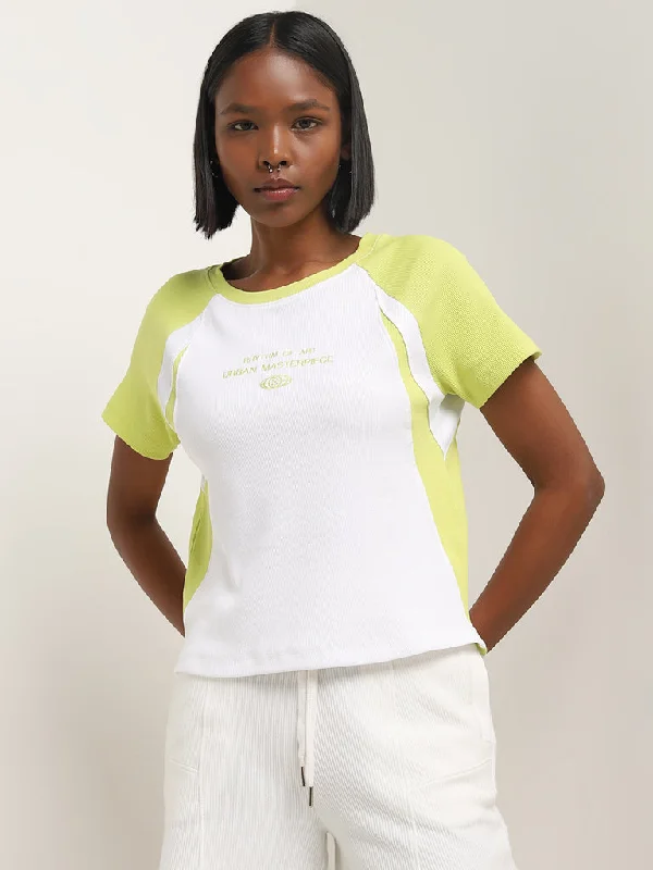 Studiofit White Text Design Ribbed Cotton Blend T-Shirt Fleece Fabric Down Fabric Feather Fabric