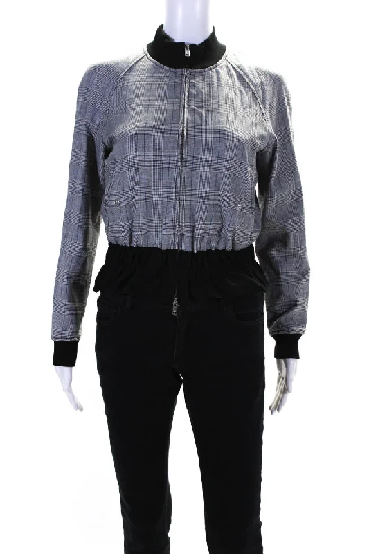 3.1 Phillip Lim Womens Houndstooth Striped Zipped Ruched Jacket Black Front Pockets Side Pockets Patch Pockets