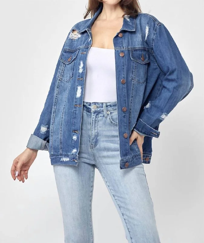 90's Distressed Jacket In Medium Blue Striped Jacket Polka Dot Jacket Floral Jacket