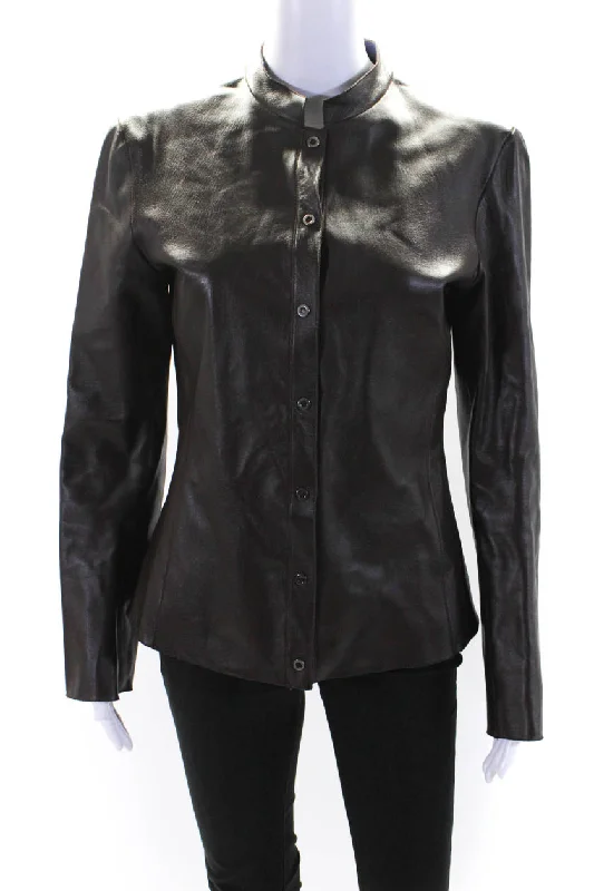 Armani Collezioni Womens Leather Button Down Jacket Brown Stand-Up Collar Roll-Neck Collar Turtle Neck Armani Collezioni Womens Leather Button Down Jacket Brown Stand-Up Collar Roll-Neck Collar Turtle Neck