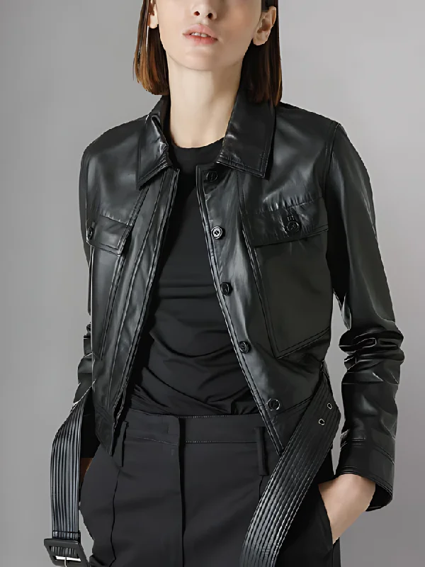 Belted Crop Leather Aviator Jacket Rayon Fabric Velvet Fabric Corduroy Fabric