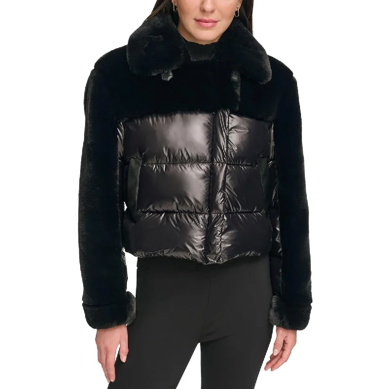 DKNY Womens Quilted Faux Fur Trim Puffer Jacket Faux Fur Fabric Real Fur Fabric Shearling Fabric