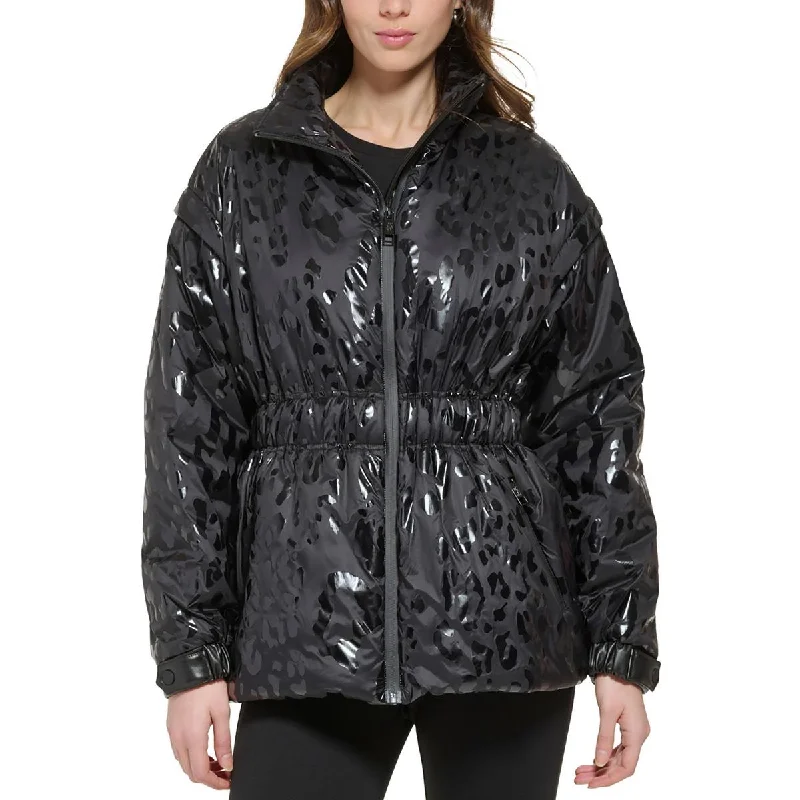 DKNY Womens Stand Collar Animal Print Puffer Jacket Fleece Jacket Down Jacket Parka