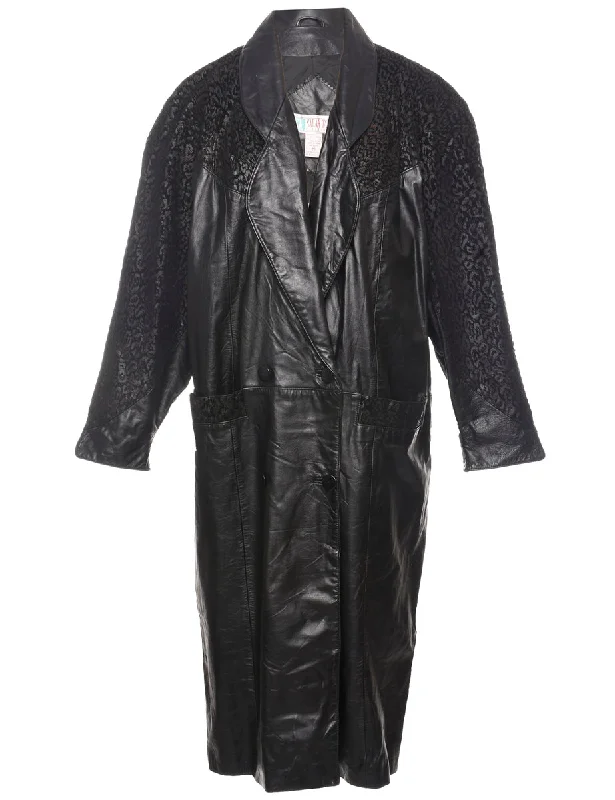 Double-Breasted Long Black Leather Jacket - M Tiered Jacket Buttoned Jacket Zippered Jacket Double-Breasted Long Black Leather Jacket - M Tiered Jacket Buttoned Jacket Zippered Jacket