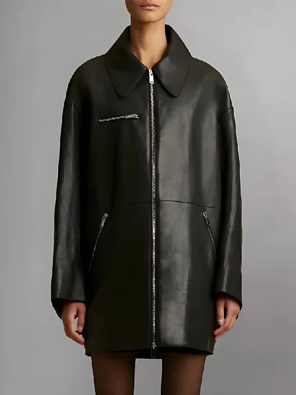 Gellar Collared Leather Jacket Hoodie Zip-Up Jacket Button-Up Jacket