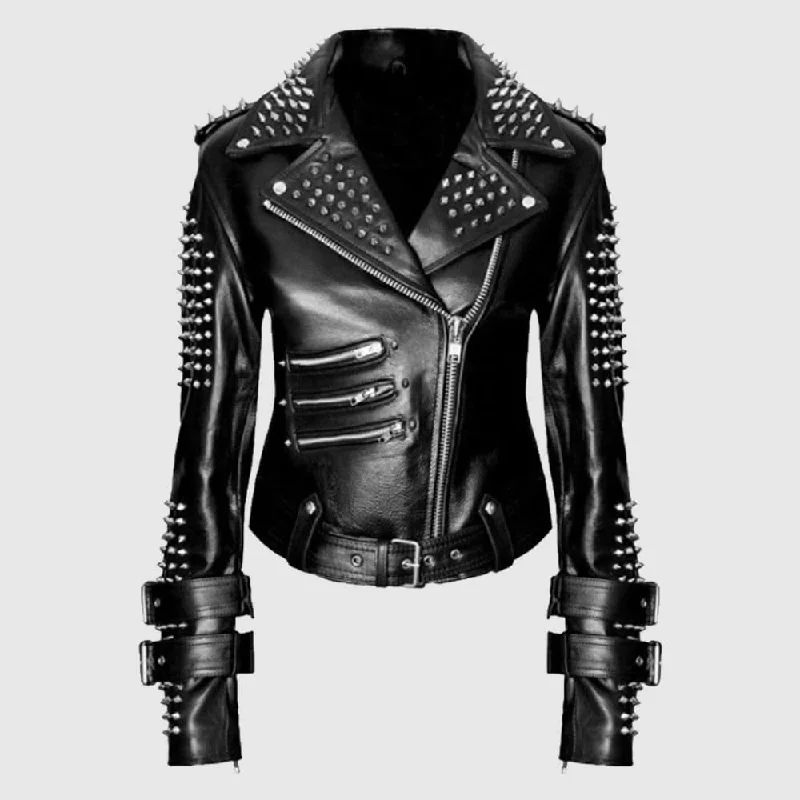 Handmade Women Black Punk Silver Spiked Studded Leather Jacket Zippered Front Buttoned Front Snap Front Handmade Women Black Punk Silver Spiked Studded Leather Jacket Zippered Front Buttoned Front Snap Front