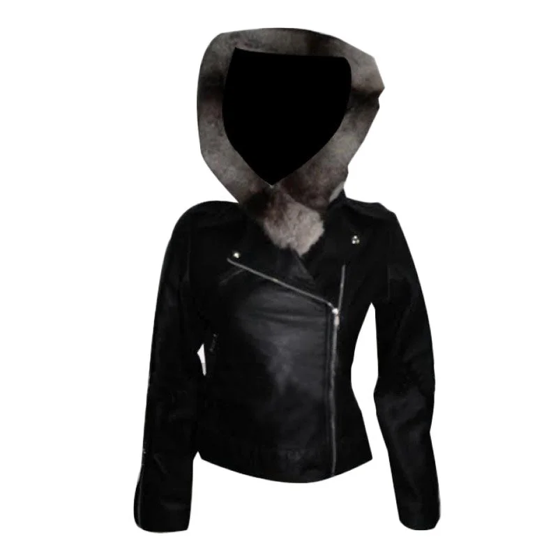 Jennifer Lopez Black Jacket Removable Fur With Hoodie Front Pockets Side Pockets Patch Pockets