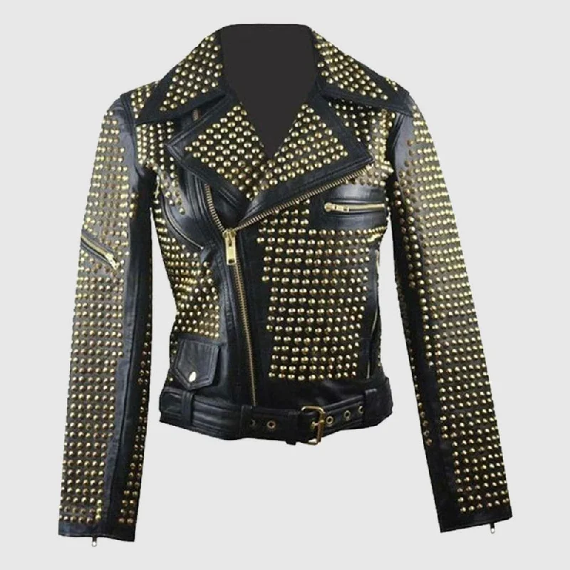 Ladies Black Leather Golden Studded Stylish Jacket Studded Punk Jacket Rayon Fabric Velvet Fabric Corduroy Fabric Ladies Black Leather Golden Studded Stylish Jacket Studded Punk Jacket Rayon Fabric Velvet Fabric Corduroy Fabric