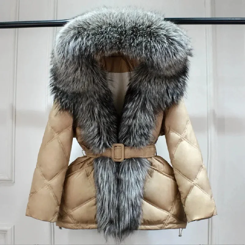 Luxe Warmth: Women's Duck Down Jacket with Natural Fur - Stylish Winter Comfort Appliqued Jacket Beaded Jacket Sequined Jacket Luxe Warmth: Women's Duck Down Jacket with Natural Fur - Stylish Winter Comfort Appliqued Jacket Beaded Jacket Sequined Jacket