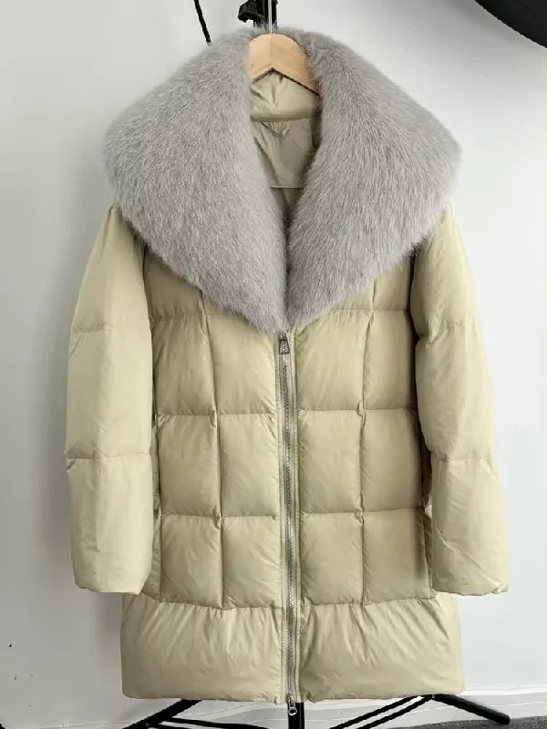 Luxurious Women's Long Duck Down Jacket Zippered Front Buttoned Front Snap Front