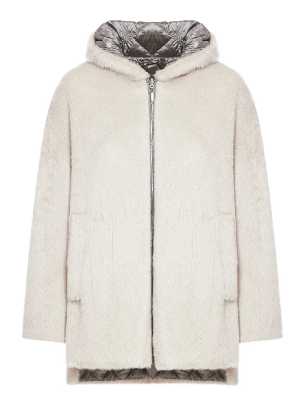 Reversible down jacket in alpaca and wool Front Pockets Side Pockets Patch Pockets