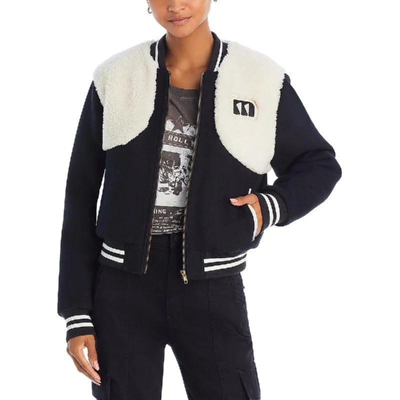 Mother Womens Wool Blend Varsity Bomber Jacket Knit Fabric Woven Fabric Fleece Fabric Mother Womens Wool Blend Varsity Bomber Jacket Knit Fabric Woven Fabric Fleece Fabric
