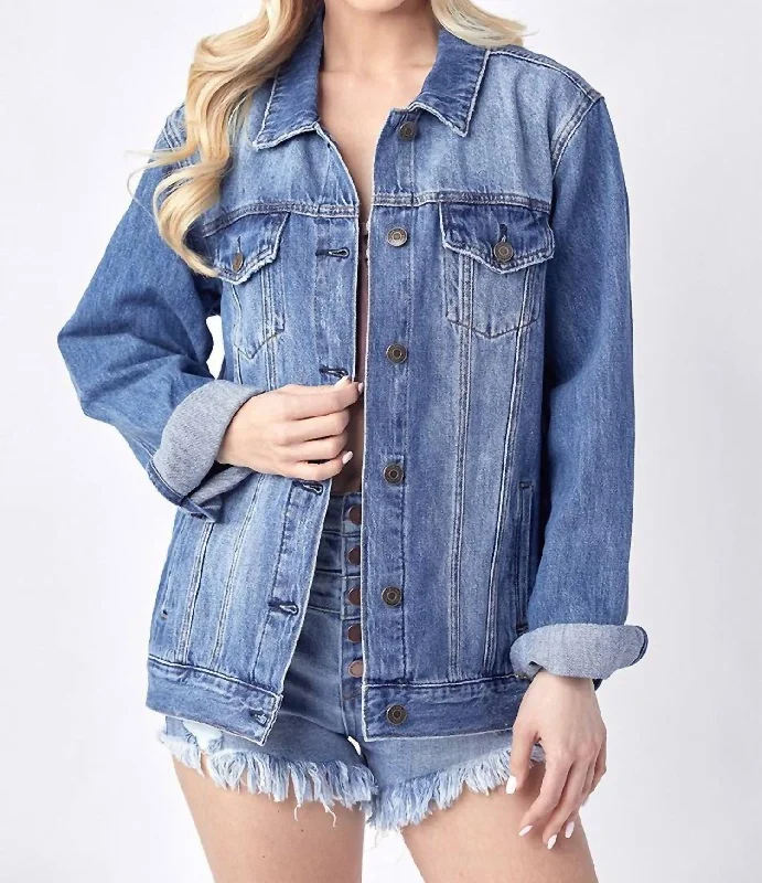 Relaxed Fit Denim Jacket In Medium Wash Chenille Fabric Brocade Fabric Lace Fabric