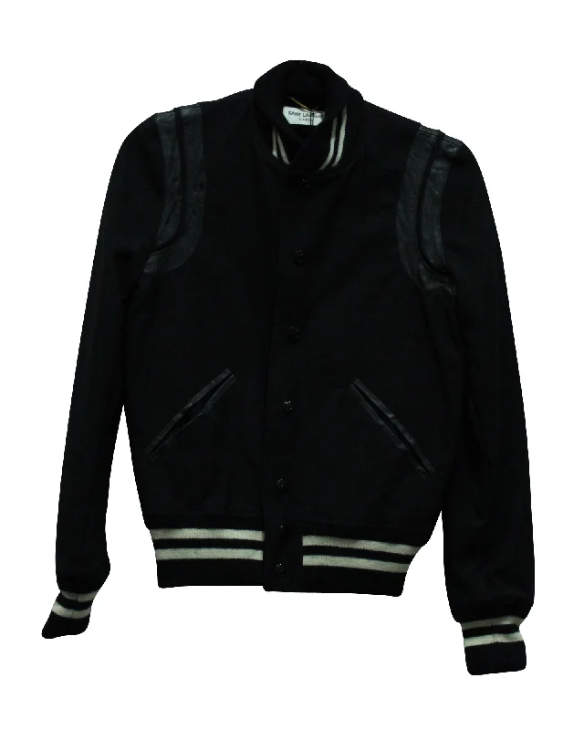 Saint Laurent Teddy Leather Trimmed Bomber Jacket in Black Wool Elasticated Jacket Padded Jacket Insulated Jacket Saint Laurent Teddy Leather Trimmed Bomber Jacket in Black Wool Elasticated Jacket Padded Jacket Insulated Jacket