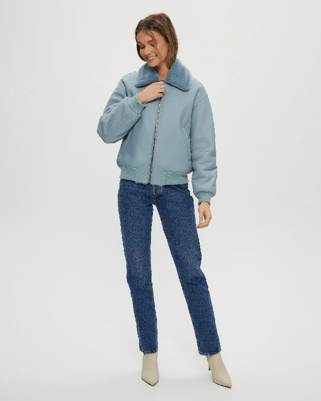 SHEARLING LAMB ZIP JACKET Boat Neck Shawl Collar Notched Collar