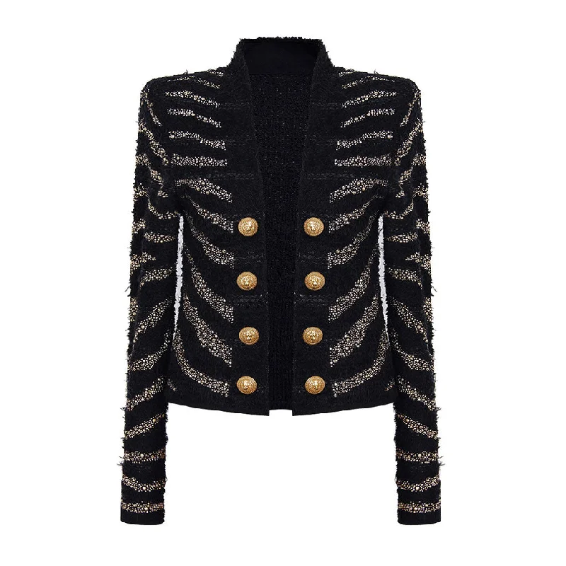 Sparkly Diamante Studded Zebra Print Long Sleeve Open Front Tweed Knit Jacket Notch Collar Peter Pan Collar Cowl Neck Sparkly Diamante Studded Zebra Print Long Sleeve Open Front Tweed Knit Jacket Notch Collar Peter Pan Collar Cowl Neck