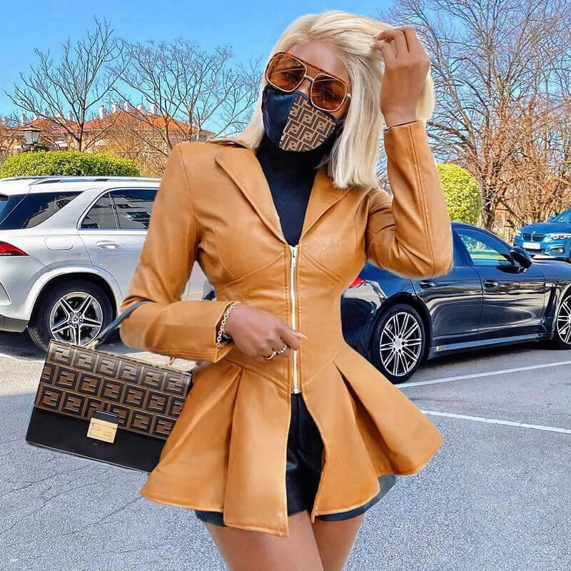 Stylish Ruffle Deep V Zip Front Lapel Leather Jacket - Coffee Wool Jacket Cashmere Jacket Tweed Jacket Stylish Ruffle Deep V Zip Front Lapel Leather Jacket - Coffee Wool Jacket Cashmere Jacket Tweed Jacket