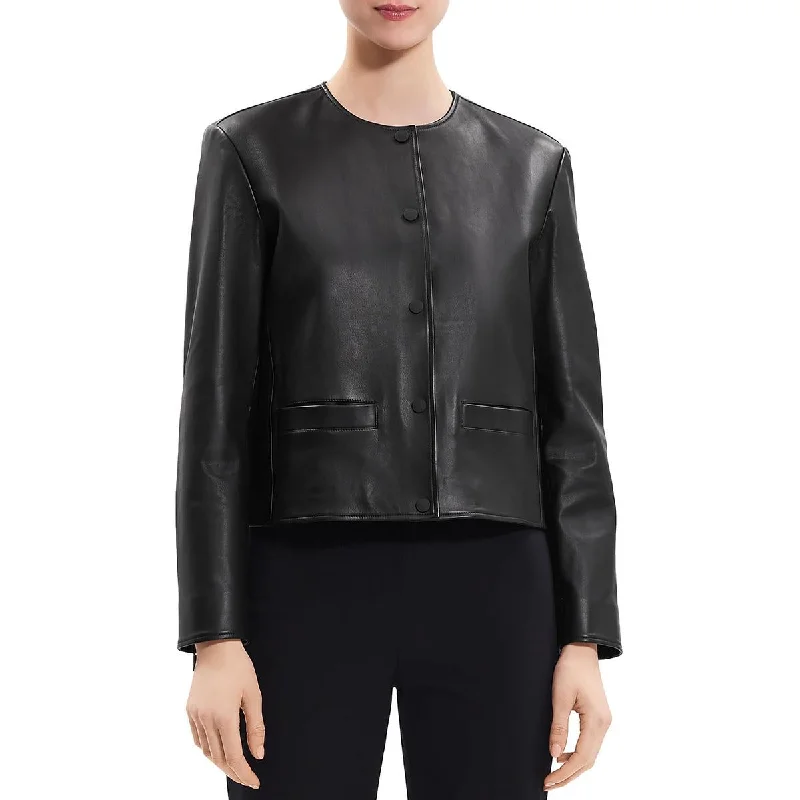 Theory Womens Faux Leather Cropped Motorcycle Jacket Front Pockets Side Pockets Patch Pockets Theory Womens Faux Leather Cropped Motorcycle Jacket Front Pockets Side Pockets Patch Pockets
