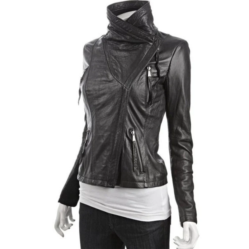 Women Asymmetrical Black Leather Jacket Chenille Fabric Brocade Fabric Lace Fabric