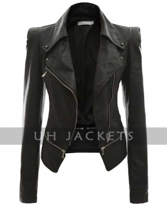 Women Power Shoulder Black Leather Jacket Knit Fabric Woven Fabric Fleece Fabric