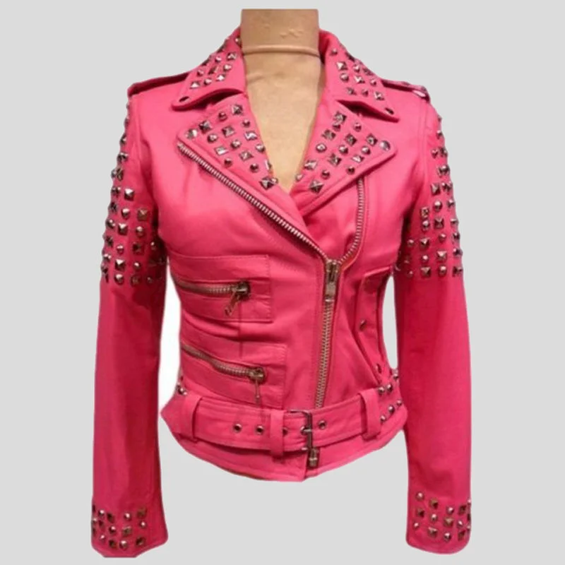 Women’s Golden Studded Pink Biker Leather Jacket Wool Jacket Cashmere Jacket Tweed Jacket Women’s Golden Studded Pink Biker Leather Jacket Wool Jacket Cashmere Jacket Tweed Jacket