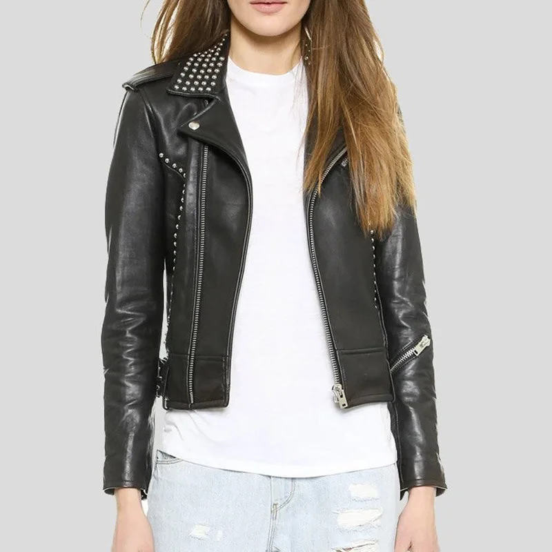 Womens Biker Studded Leather Jacket Wool Fabric Cashmere Fabric Tweed Fabric