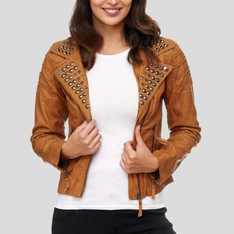 Womens Brown Studded Biker Leather Jacket Zippered Jacket Buttoned Jacket Snapped Jacket Womens Brown Studded Biker Leather Jacket Zippered Jacket Buttoned Jacket Snapped Jacket