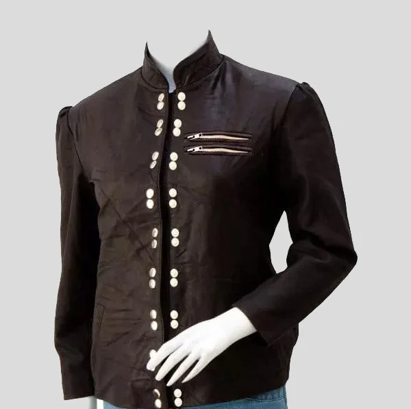 Women’s Brown Studded Leather Jacket Insulated Jacket Fitted Jacket Loose Jacket