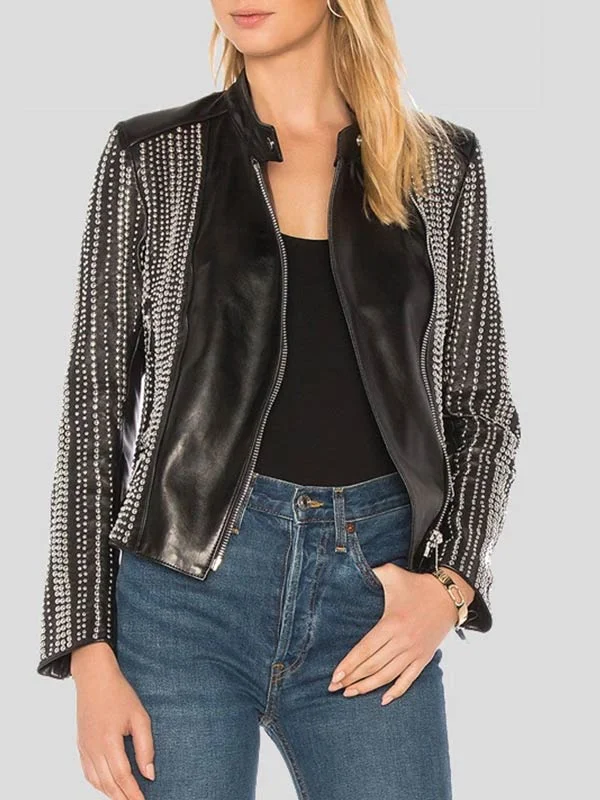 Womens Fashion Studded Leather Jacket Zip Front Button Front Snap Front
