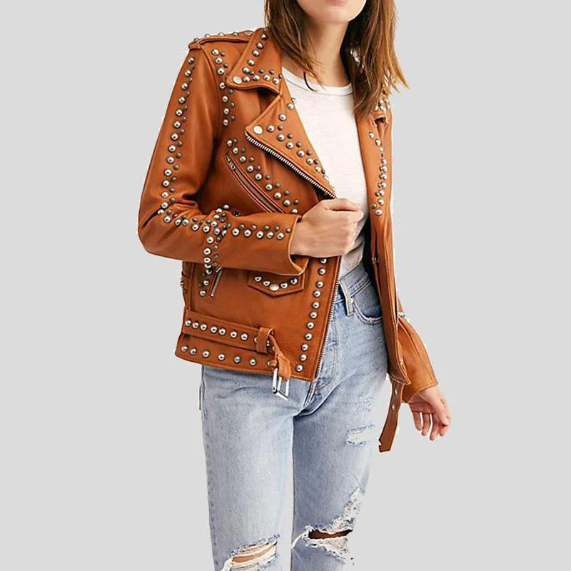 Womens Moto Biker Brown Studded Leather Jacket Nylon Fabric Polyester Fabric Spandex Fabric Womens Moto Biker Brown Studded Leather Jacket Nylon Fabric Polyester Fabric Spandex Fabric