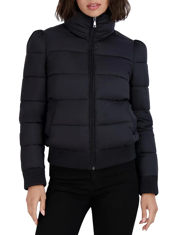 Womens Quilted Long Sleeves Puffer Jacket Denim Fabric Leather Fabric Suede Fabric