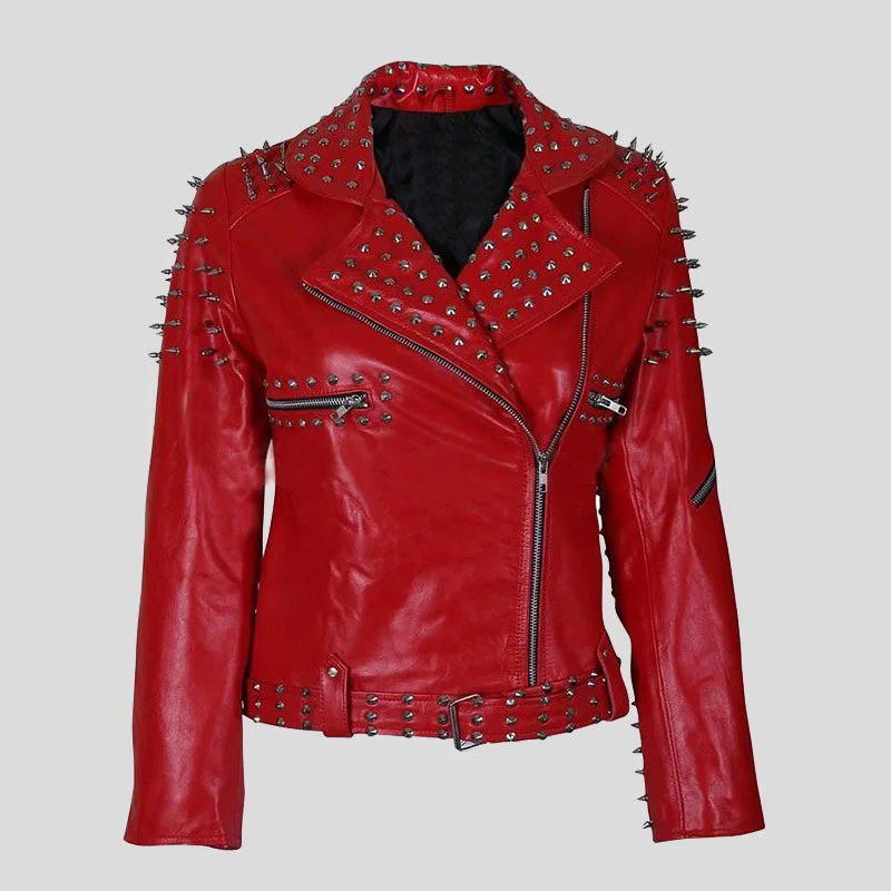 Women’s Red Studded Leather Jacket Snapped Jacket Toggled Jacket Drawstring Jacket