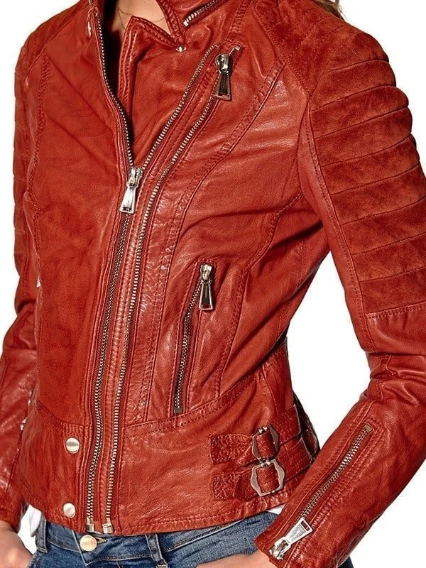 Womens Slim Fit Waxed Leather Jacket Tan Brown Orange Tailored Jacket Straight Jacket A-Line Jacket Womens Slim Fit Waxed Leather Jacket Tan Brown Orange Tailored Jacket Straight Jacket A-Line Jacket