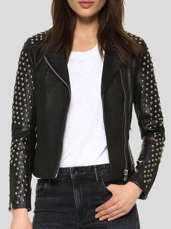 Womens Studded Black Leather Motorcycle Jacket Welt Pockets Slit Pockets Flap Pockets