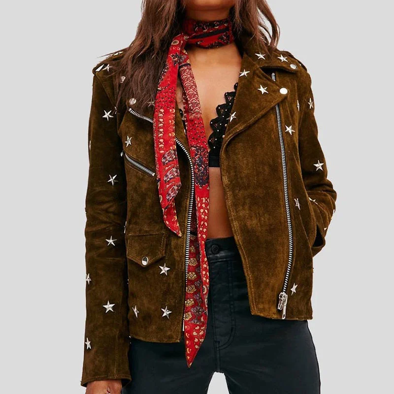 Womens Studded Brown Suede Leather Jacket Hooded Jacket Caped Jacket Shawl Collar Jacket Womens Studded Brown Suede Leather Jacket Hooded Jacket Caped Jacket Shawl Collar Jacket