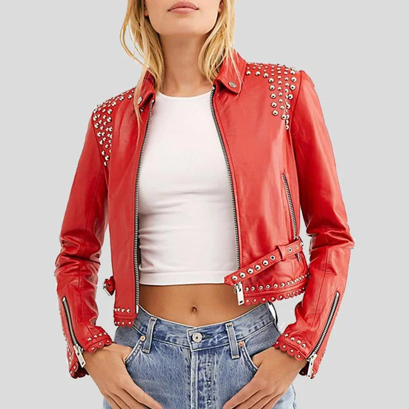 Womens Studded Red Cropped Leather Jacket Cardigan Sweater Pullover