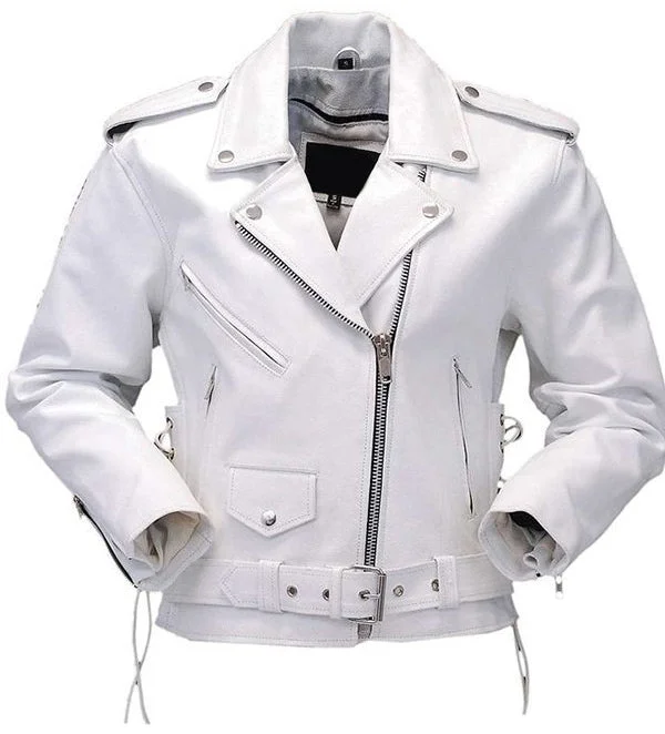 Womens White Motorcycle Leather Jacket Oversized Jacket Tailored Jacket Straight Jacket