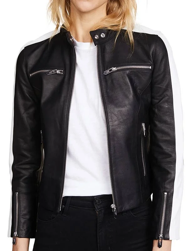 Womens Zipper Pockets Black Leather Jacket Wool Fabric Cashmere Fabric Tweed Fabric