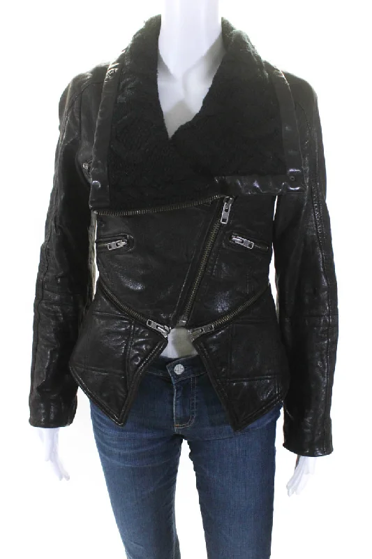 Yigal Azrouel Womens Front Zip Cable Knit Trim Leather Jacket Black Satin Jacket Silk Jacket Chiffon Jacket Yigal Azrouel Womens Front Zip Cable Knit Trim Leather Jacket Black Satin Jacket Silk Jacket Chiffon Jacket