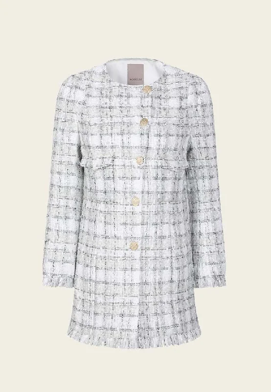 Thigh-Length White Plaid Coat Sleeveless Puffer Vest