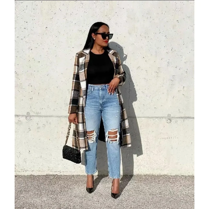 Plus Size Plaid Coat Knit Longline Duster