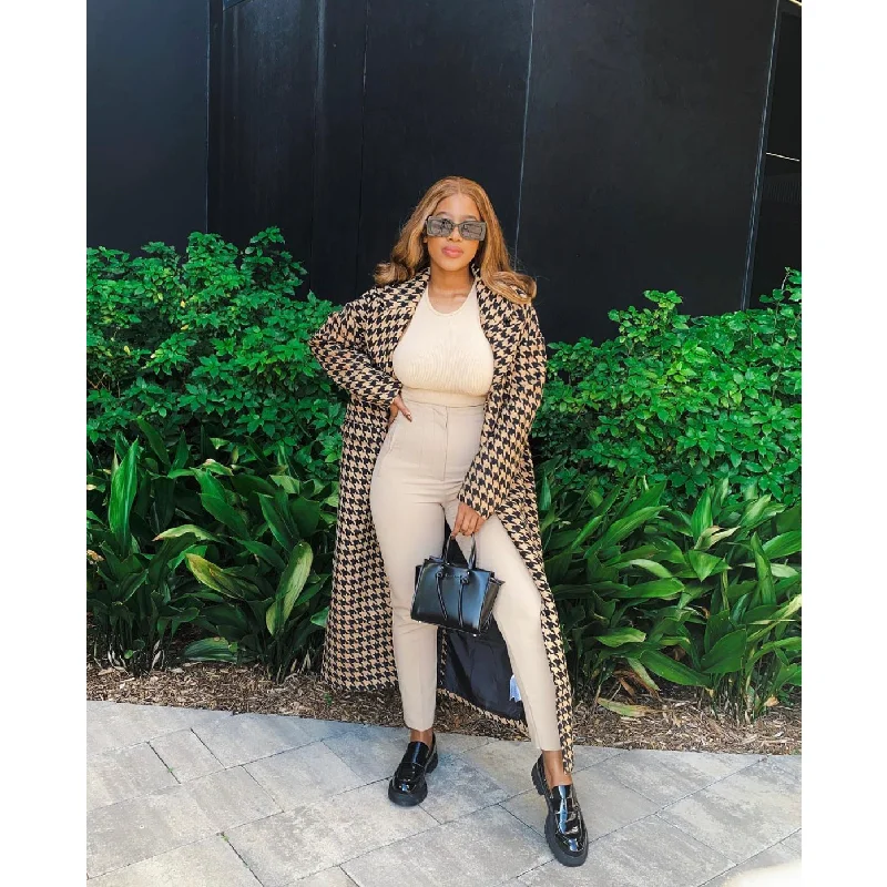 Houndstooth Pattern Knitted Coat High-Collar Puffer Coat