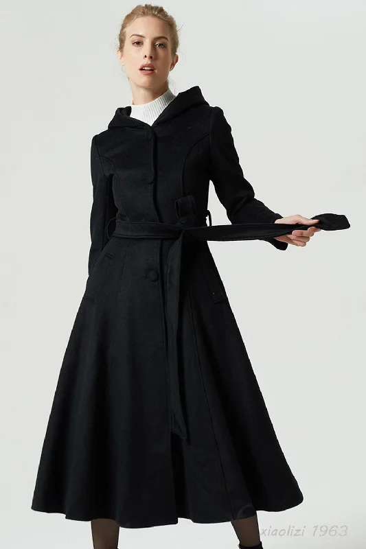 maxi black hooded coat with tie blet 1963# Sleek Leather Jacket